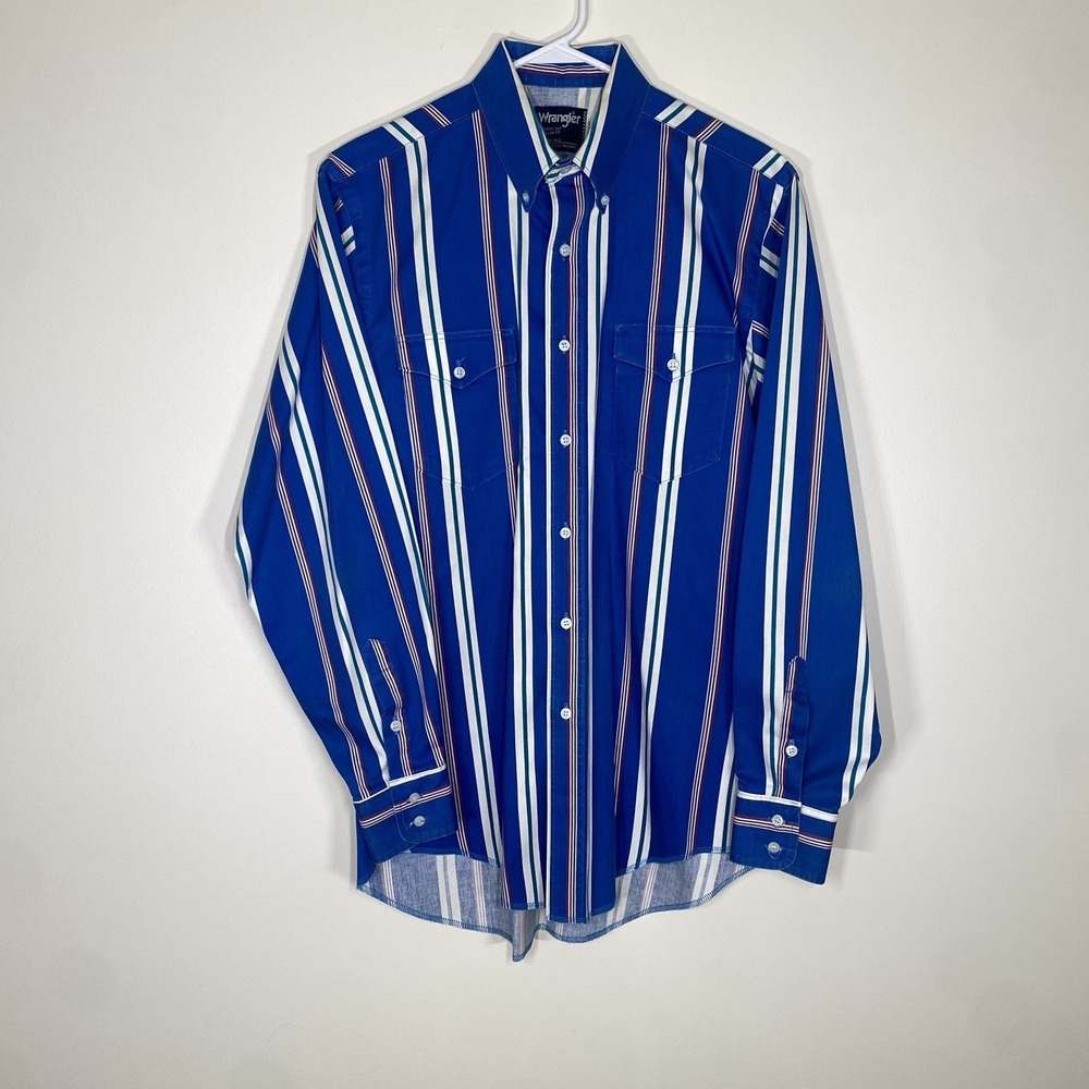 Vintage Wrangler Cowboy Cut Mens 15.5 34 Regular Fit Long Tails Striped
